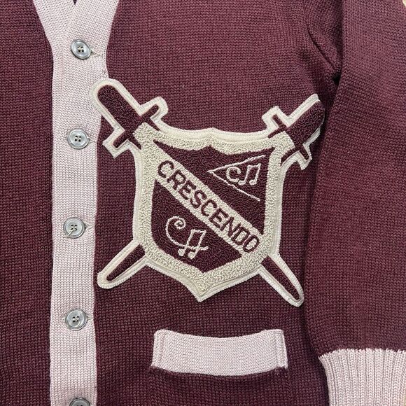 Vintage 40s Cardigan Sweater Varsity 42 Adult S/M Crescendo Music School Wine - Picture 3 of 11